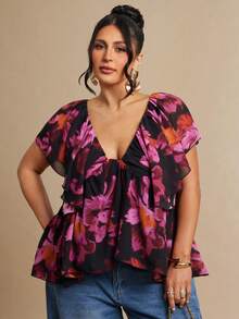 SHEIN BAE Áo kiểu nữ cỡ lớn in hoa màu tím, dáng rộng, xếp ly, thích hợp mặc đi nghỉ mát. - Màu tím - Xem 7