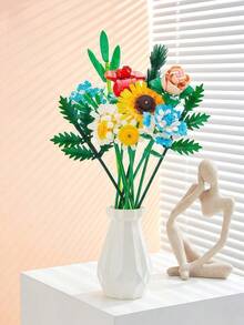 POKOJA LAND 1pc 3D Geometric Assembly Mixed Flower Bouquet - Sculpted Sunflower Rose Everlasting Floral Ornament With White Vase - Aesthetic Desktop Display For Cozy Home Office Vanity - Sentimental Gift For Women Best Friends - Multicolor - View 8
