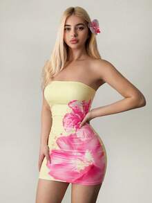 Sweetina Women's Summer Beach Vacation Style Floral Print Fitted Mini Bandeau Dress - Light Yellow - View 7