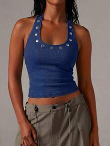 Athîral Denim 女款休閒 2000s Y2K 牛仔街頭風度假針織掛脖彈性短版上衣，亮片裝飾，適合夜生活，藍色夏季款 - 深色水洗藍 - 查看 3