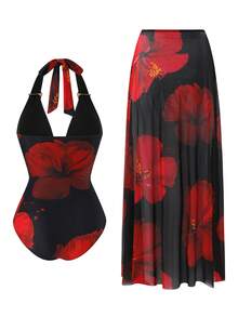Swim Oasis 2026 New Plus Size Black,Summer,Boho,Beach,Holiday Swimsuit Set,Red Printed Halter V-Neck Strap With Metal Decor,Mesh Overlay Skirt Set - Multicolor - View 2