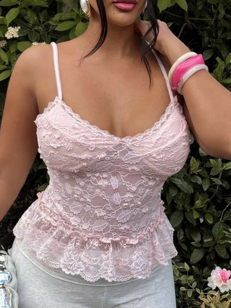 Dazy Plus Plus Size Women Sheer Lace Camisole Crop Top, Sexy & Alluring, Spring/Summer
