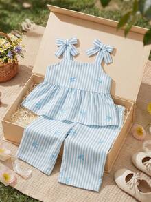 Souflis Souflis Baby Girls' Cute Yellow Bow Decor Camisole Top Paired With Loose Casual Pants, Spring/Summer Outfit - Baby Blue - View 2