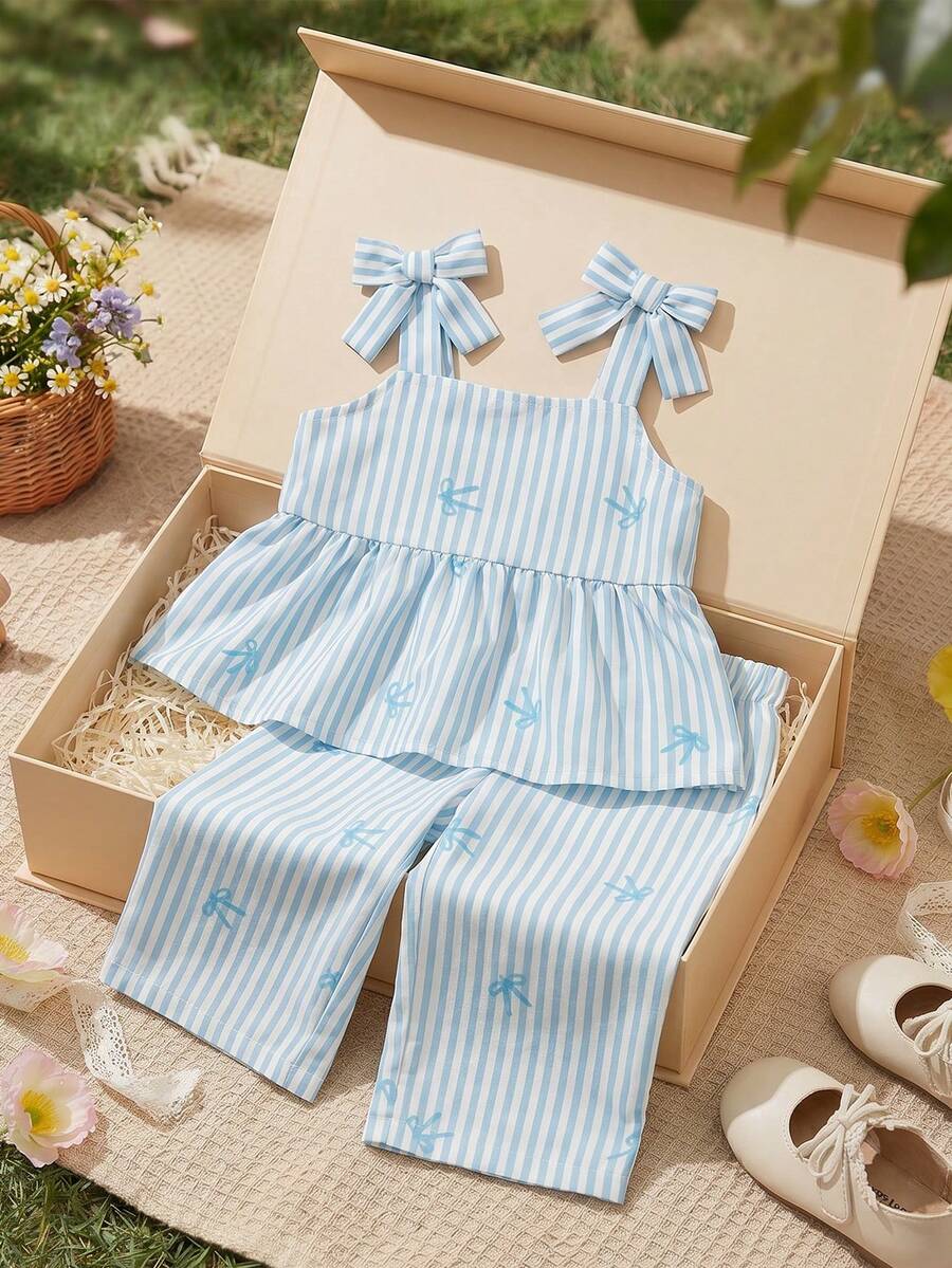 Souflis Souflis Baby Girls' Cute Yellow Bow Decor Camisole Top Paired With Loose Casual Pants, Spring/Summer Outfit