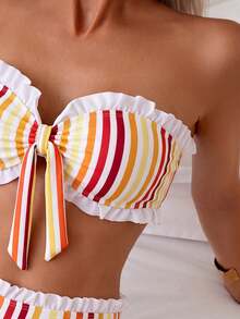 Swim Mod Spring/Summer Beach Vacation Striped Print Ruched Sweetheart Neck Crop Top And Ruffle Waist Triangle Bikini 2-Piece Swimwear Set - Multicolor - View 6