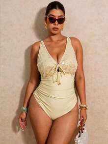 Elaquor Plus Size Sequin Patchwork One-Piece Swimsuit - Apricot - View 5