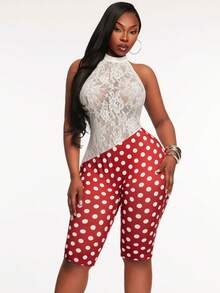 SHEIN SXY Jumpsuit Halter Seksi Motif Polkadot Renda untuk Wanita Ukuran Plus - MultiWarna - View 6