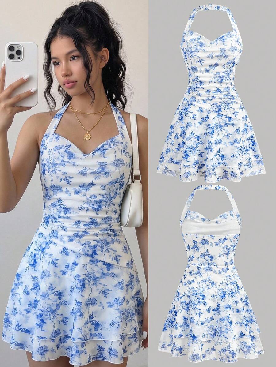 SHEIN Girlism 少女蓝白碎花网纱露背针织吊带腰部褶皱层叠迷你连衣裙,适合度假、假日、复古、海滩、海洋等场合,优雅可爱 - 藍白色 - 查看 1