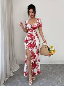 Rafferiza Women's Summer Short Sleeve Dress, Digital Printed Vacation Dress, Beach Holiday Dress With Slit Hem And Waist Ruching - Red - View 6