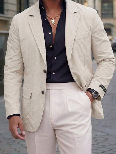 Manfinity Bizformal Chaqueta formal de traje de hombre en caqui claro, estilo para uso diario con insignia de clip de metal