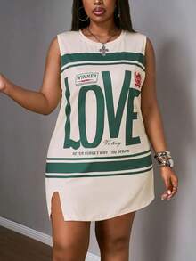 Slaydiva Plus Size Light Green Summer Grunge Back-To-School Sleeveless Letter Print Dress,Everyday Casual Street Music Festival Loungewear Cycling Vacation - Multicolor - View 5