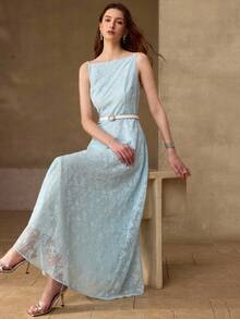 MOTF PREMIUM VESTIDO LARGO ELEGANTE DE ENCAJE CON LENTEJUELAS PARA MUJERES - Celeste - Ver 4