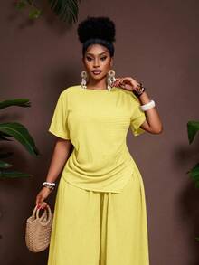 Veslaya 2pcs/Set 2026 Spring/Summer Casual Vacation Solid Color Asymmetric Hem Short Sleeve Top And Elastic Waist Wide Leg Pants Plus Size - Light Yellow - View 5