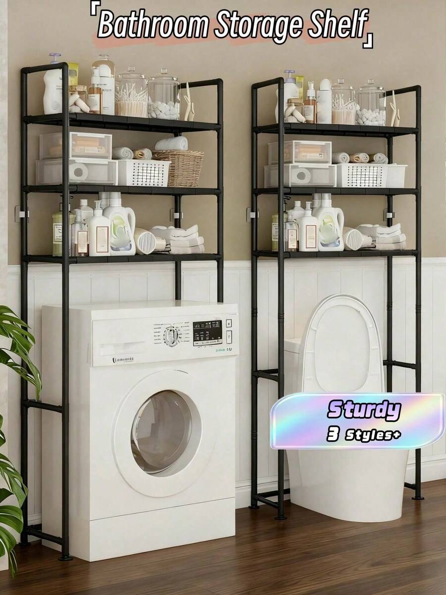 1PC 2-3 Tier Bathroom Storage Rack, Multifunctional Floor Standing Organizer For Toilet, Washing Machine, Sturdy Plastic Shelves, Hick Metal Tubes, Durable Bathroom Accessories Holder, Space Saving, Easy To Assemble, Practical Bathroom Organizer - Multicolor - View 1