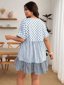 Enliva Damen-Freizeitkleid in großen Größen mit V-Ausschnitt, Polka-Dot- und Streifenmuster, Polka-Dot-Kleid, Boho-Sommerkleid, Damen-Sommerbekleidung, geeignet für Strand, Picknick und andere Anlässe, Polka-Dot-Kleid, für Apfel- und rundliche Körperformen - Verschiedenfarbig - Übersicht 2