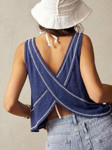 Bohemela Women's Solid Color V-Neck Asymmetrical Hem Knit Vest,Summer Top - Navy Blue - View 2