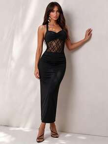 Glamine Đầm maxi ôm sát hở lưng phối ren đen, kiểu cổ yếm, gợi cảm, thích hợp cho tiệc tối. - màu đen - Xem 2