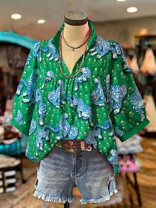 Linhara Plus Size Loose Vintage Boho Casual Vacation Style Emerald Green Blue Striped Tiger Print Blouse, Plus Size Formal Summer - Multicolor - View 6