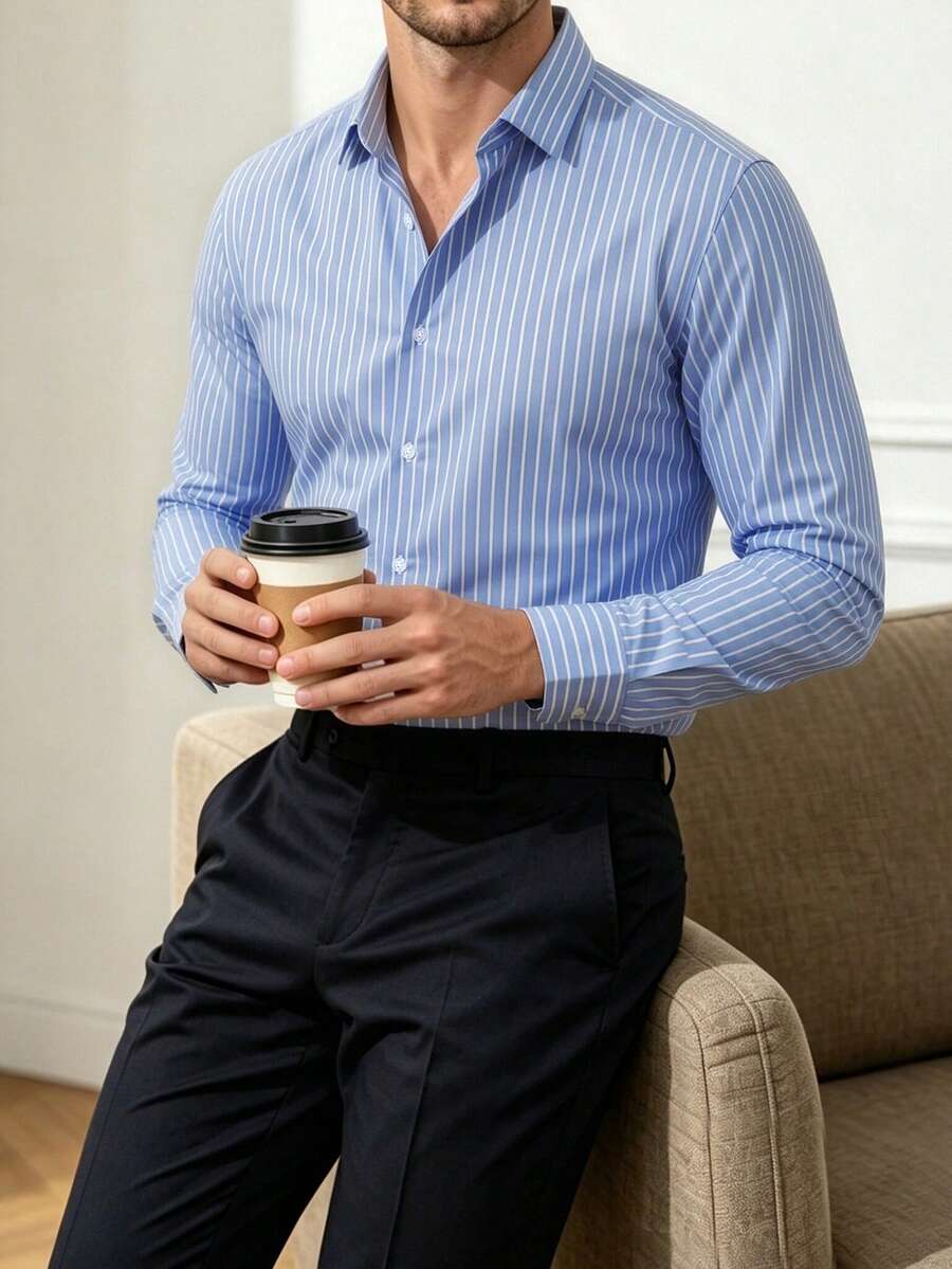 Core Aspect Men's Business Casual Blue Long Sleeve Striped Shirt, Nice Shirts For Men, For Fall - Baby Blue - View 1
