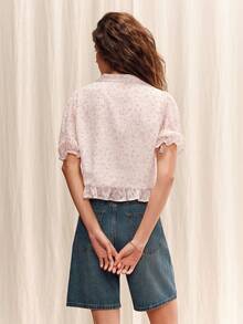 lacRébo 粉色花卉刺繡寬鬆垂領綁帶設計春夏上班襯衫 辦公室上衣 法式復古風 - 彩色 - 查看 2