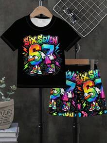3 Sets Boys' Summer New Digital 67 Cartoon Print Short Sleeve 2-Piece Set, Black/Grey/White Colors Available, Casual Comfortable Cool Street Style, Suitable For Street Dance, Campus, Daily Outings, Versatile For Multiple Occasions, Photogenic, Summer Wardrobe Essential Boys' Set - Multicolor - View 5