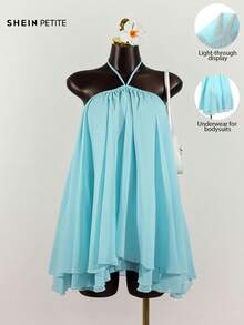 SHEIN PETITE Women's Solid Color Ruffle Hem Halter Mini Dress ,Petite Women - Blue - View 1