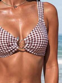Bonvoyette Women's Summer Beach Holiday Metal Decor Plaid Print Swimwear 3 Pieces Set - Brown - View 8