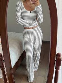 SHEIN Lace Trim Square Collar 2-Button Striped Print Long Sleeve Curve Pajamas Set , Fall & Winter Clothes - Light Grey - View 7