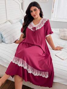 SHEIN Váy ngủ phong cách vintage cho bé gái, viền ren xếp tầng bèo nhún, chất lụa sữa mềm mại, đồ mặc nhà thoải mái cho size lớn - Màu Hồng Tươi - Xem 5