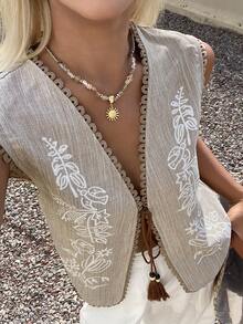DAZY 女款刺繡圖案寬鬆繫帶優雅夏季背心外套，白色，適合海灘度假與校園穿搭 - 卡其色 - 查看 1