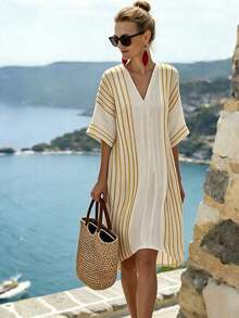 SHEIN Holidaya 女士休闲条纹V领宽松短袖连衣裙，适合夏季度假 - 金色 - 查看 3