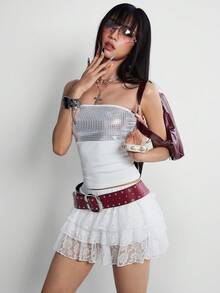 Rina Fox Minissaia branca de renda feminina para primavera/verão, estilo retrô Y2K, charmosa e sexy, ideal para encontros, festivais de música, moda urbana casual e férias na praia. - Branco - Ver 6
