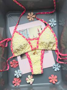 Swim Mod 2026新款Y2K印花比基尼套裝，黃色&粉色肩帶兩件式泳衣，可愛夏季海灘穿搭 - 黃色 - 查看 3
