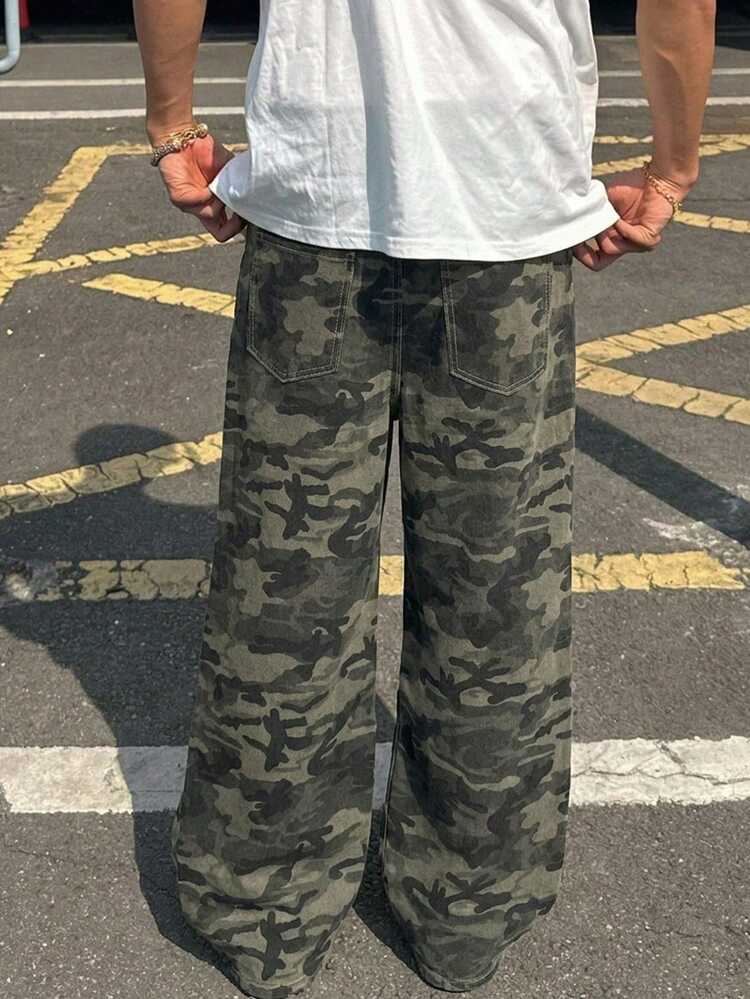 Spring Camouflage Print Slant Pocket Loose Fit Multi-Color Men's Jeans