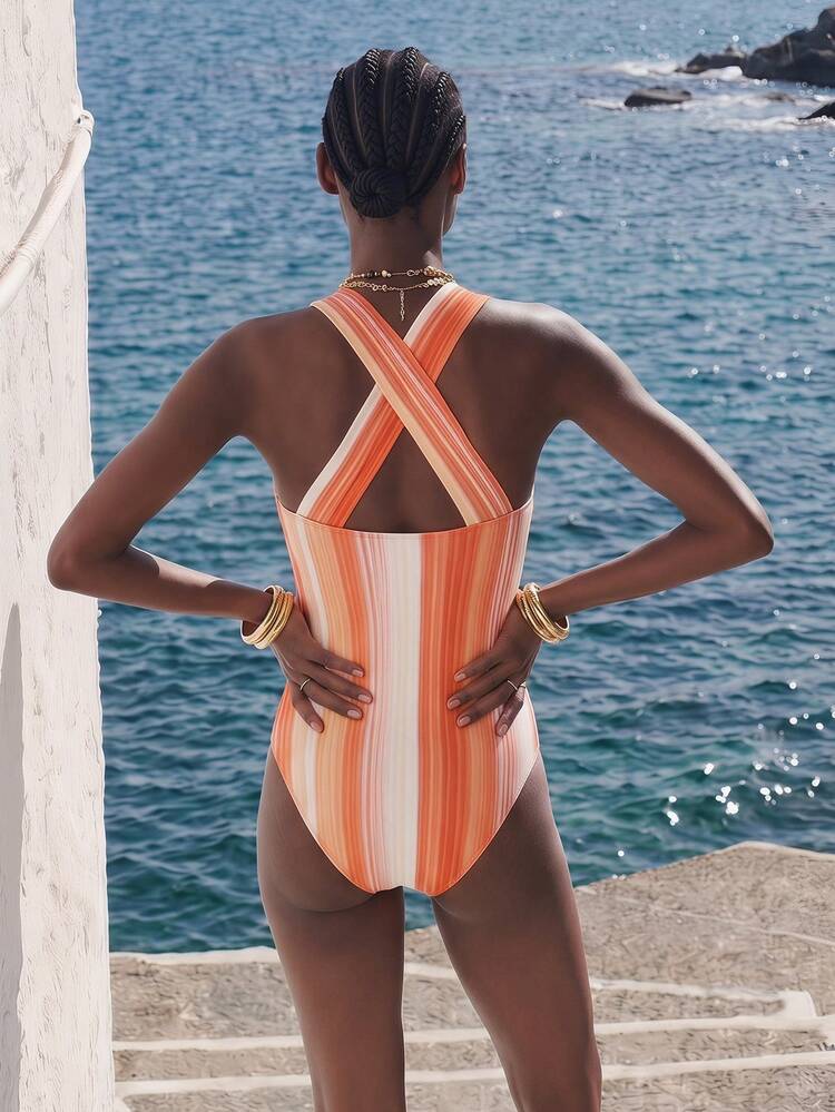 SHEIN Maija Women's Striped Halter One-Piece Swimsuit, Fashionable For Vacation Swimsuits For Women Bodysuit Swimwear One Piece Bathing Suits For Women