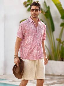 Mercer Haus Camisa casual de manga corta con botones y estampado sencillo para hombre - Rosa - Ver 6