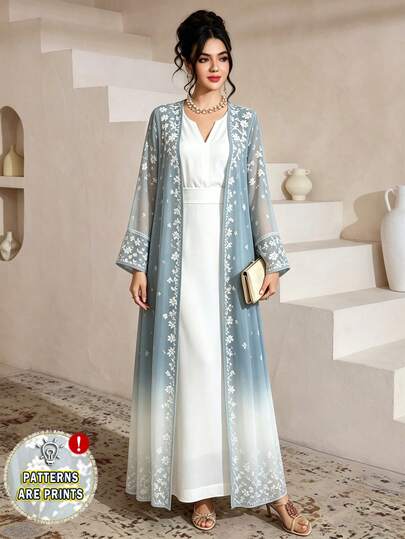 SHEIN Najma White Ditsy Floral Maxi Abaya Dress, Elegant Long Sleeve Cardigan Outerwear For Spring & Autumn, Ombre Blue Floral Pattern Robe, Arabic Style Clothing