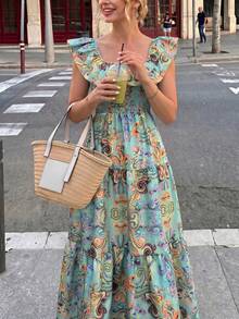 Flora Isola Flora Isola 女款露肩收腰洋裝，時尚腰果花印花，對比荷葉邊裙襬優雅洋裝，適合夏季度假、約會 - 彩色 - 查看 7