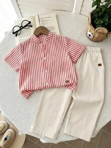 LMoss Kids 2pcs Young Boy Woven Solid Color Casual Shirt And Striped Pants Set - Red - View 2