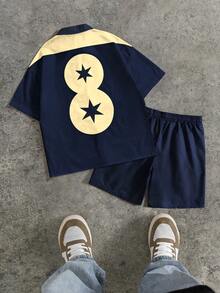 Manfinity Roghcode 大尺碼男士字母印花拉鍊短袖上衣與抽繩腰短褲休閒日常套裝足球風 - 杏色 - 查看 2