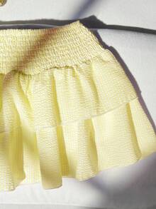 SHEIN Rok A-Line Bergaris Kuning & Putih dengan Lipatan di Pinggang untuk Anak Perempuan Remaja - Kuning - View 6