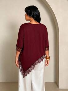 Rustia Plus Size Women Solid Color Contrast Lace Round Neck Asymmetric Hem Loose Casual T-Shirt - Burgundy - View 2