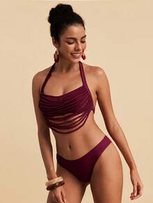 Travachic Conjunto de bikini sexy de verano para playa con cuello halter y lazo para mujer - Rojo - Ver 7