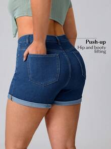 SHEIN Essnce Plus Size Women Dusty Blue Denim Elastic Sexy Fashion Shorts Date Night Summer - Medium Wash - View 2