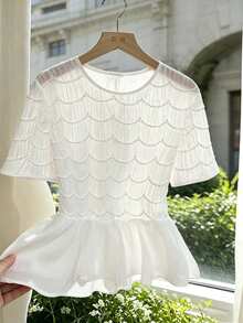 Modelyn Áo kiểu tay ngắn cổ tròn xếp ly bằng vải chiffon Pháp, thiết kế cao cấp với đường viền xếp nếp, kiểu dáng thanh lịch và đa năng dành cho nữ. - trắng - Xem 1