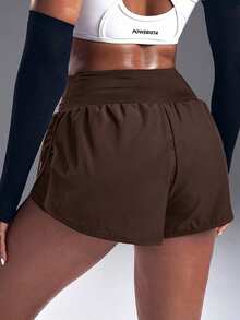 Powerista Solid Color High Waist Double Layer Sports Shorts Women's Elastic Waist Double-Layer Casual Fitness Shorts Women's Elastic Waist Zipper Pocket Daily Fitness Double-Layer Sports Shorts Elastic Waist Sports Shorts With Phone Pocket Flowy Shorts Women Sweat Short, Gym Short, Biker Short For Daily Wear Yoga Yoga Studio Gym Indoor Outdoor Active - Brown - View 3