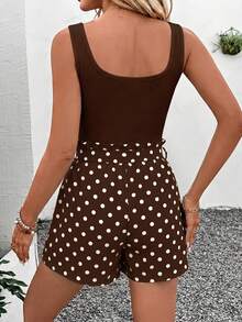 SHEIN LUNE Women's Vacation Casual Vintage Solid Color Tank Top And Polka Dot Print Shorts 2-Piece Set, Summer Outfits Chocolate Brown Brown Polka Dot - Multicolor - View 2