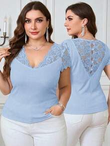 SHEIN Clasi Plus Size Women Elegant Solid Color Lace Patchwork T-Shirt Dates Formal Baby Blue Summer - Baby Blue - View 6