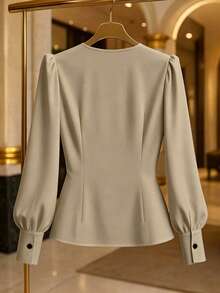 Velvienne Camisa elegante de manga larga con botones y dobladillo con volantes para mujer de talla grande - Camel - Ver 2