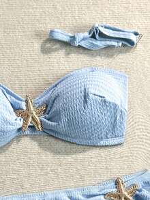 Soleia Bộ bikini 3 món size lớn màu trơn, vải vân nổi, thời trang mùa hè, màu xanh - Màu xanh lam - Xem 4